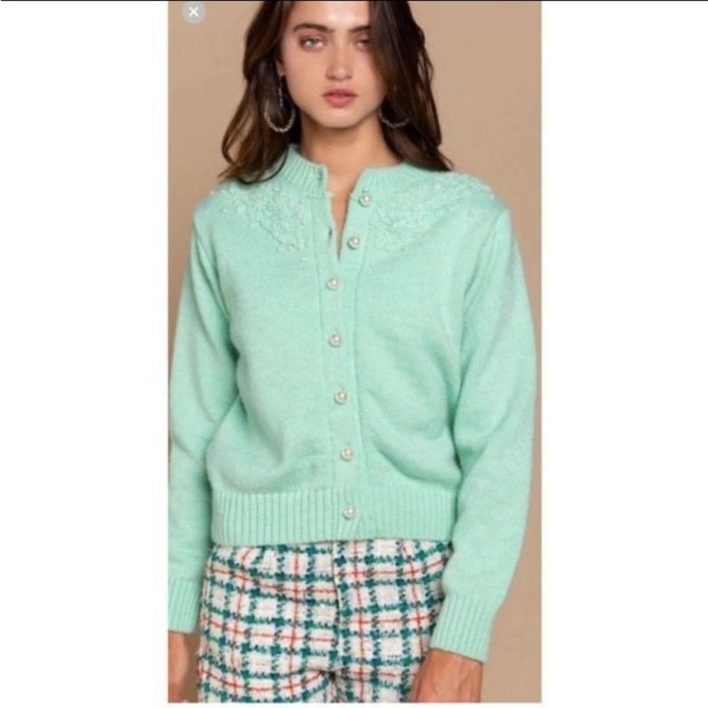 POL sweater POL cardigan MINT color womens small NEW LUX boho chic faux pearls